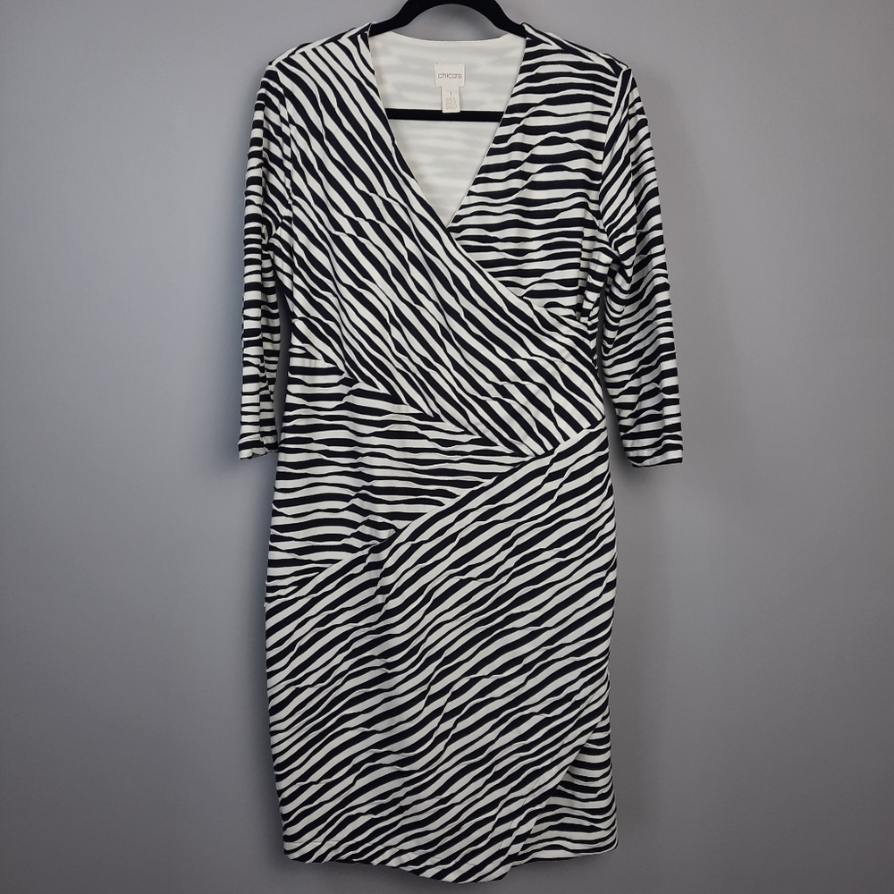 Chico's Black and White Striped 3/4 Sleeve Faux Wrap Sheath Dress size 8